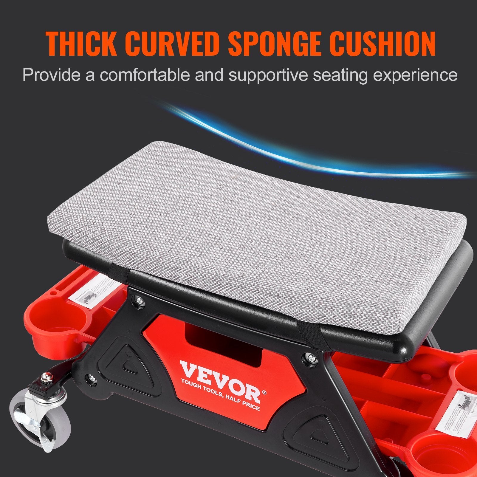 VEVOR Mechanics Stool, 300 LBS Capacity Rolling Mechanic Seat with 4" Wheels, with Three Slide Out Tool Trays and Drawer, Heavy Duty Roller Creeper Seat for Home Garage DIY Automotive Doba
